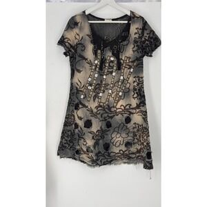 Vintage YY Women's Beige & Black Floral Embellished Distressed Mini Dress Y2k‎ M